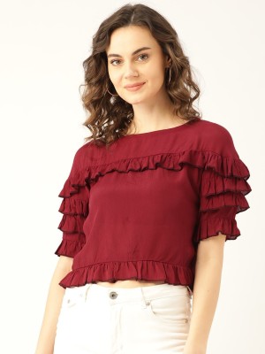 Marc Loire Casual Layered Sleeve Solid Women Maroon Top