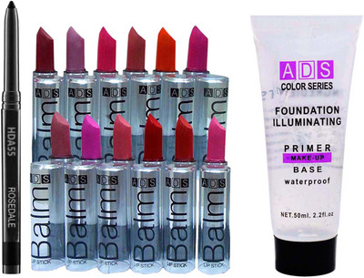 ROSEDALE Smudge Proof HDA55 Makeup Kajal &Balm Matte Lipstick Set Of 12 Multi Color &Beauty Illuminating Color Series Foundation Primer(14 Items in the set)