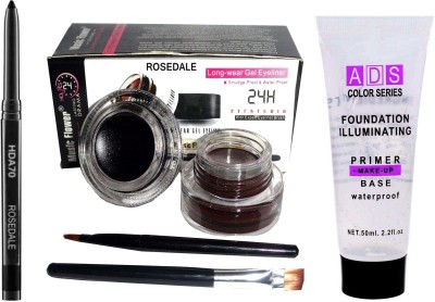 ROSEDALE Smudge Proof HDA70 Makeup Beauty Kajal & Music Flower Black and Brown Gel Eyeliner With brush 32 g & ADS Beauty Illuminating Foundation Face Base Primer(6 Items in the set)