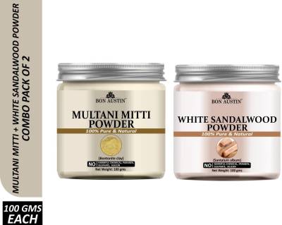 Bon Austin 100% Pure & Natural Multani Mitti Powder & White Sandalwood Powder Combo Pack of 2 Jars of 100 gms(200 gms)