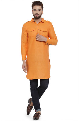 Enchanted Drapes Men Solid Pathani Kurta(Orange)