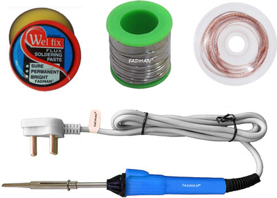 FADMAN 4 IN 1 Soldering Iron Kit (Set of 4) |Solder Wire|Soldering Paste Flux|Desoldering Wick|Grey+Blue Soldering iron 25 W Simple(Flat Tip)