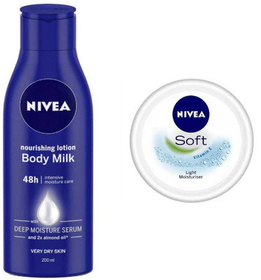 NIVEA Nourishing Body Milk Body Lotion 200 ml & Soft Light Moisturizer 50 ml (Pack of 2)(250 ml)
