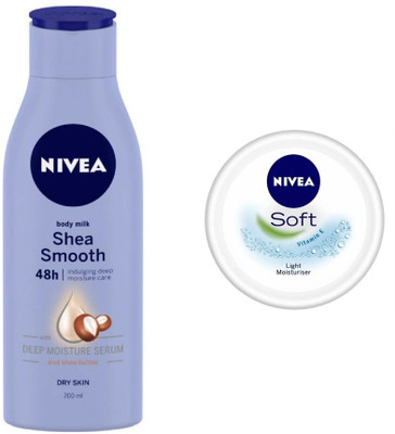 NIVEA Body Milk Shea Smooth Body Lotion 200 ml & Soft Light Moisturizer 50 ml (Pack of 2)(250 ml)