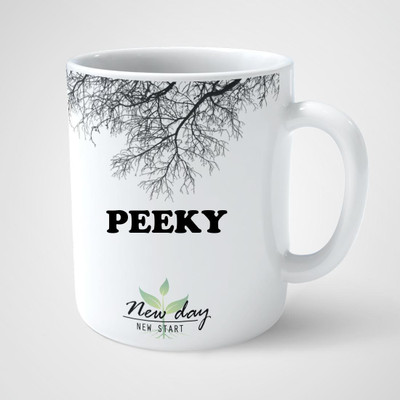 Beautum Peeky Printed New Day New Start White Name Model No:NDNS015624 Ceramic Coffee Mug(350 ml)