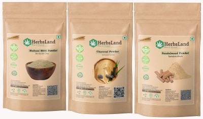 HerbsLand Bio Organic Multani Mitti + Sandalwood Powder + Activated Charcoal Powder for Face Pack (100gm Each)(300 g)