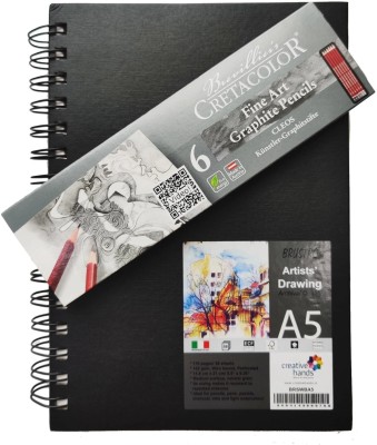 BRuSTRO Artists' Sketch Book Wiro Bound A5-160 GSM, 116 Pages (Acid Free) With Cretacolor Cleos Fine Art Graphite Pencils Set Of 6 In An Elegant Tin Box (1 Of Each HB, 2H, 2B, 4B, 6B & 8B.)
