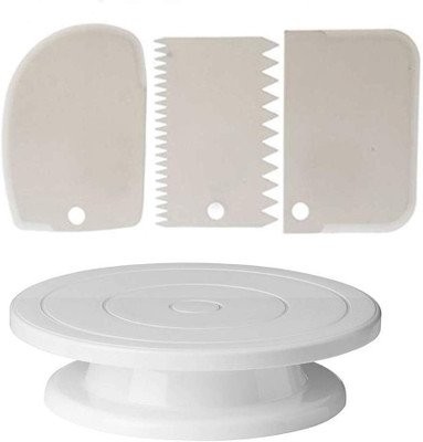 noble foods Combo Set of Plastic Revolving Turn Table Cake Stand with 3 Scrapper Kitchen Tool Set(Baking Tools)