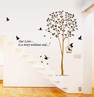 JAAMSO ROYALS Jaamso Royals 'Cage under the Tree and birds ' Wall Sticker (PVC Vinyl, 90 cm X 60 cm, Decorative Stickers)(Multicolor)