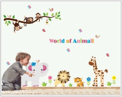 JAAMSO ROYALS Jaamso Royals 'World of Animal Wall Stickers African Jungle Elephant Monkey Lion Murals Tree' Wall Sticker (PVC Vinyl, 90 cm X 60 cm, Decorative Stickers)(Multicolor)