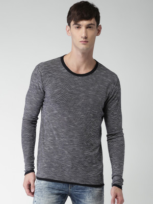 Celio Self Design Round Neck Casual Men Grey Sweater