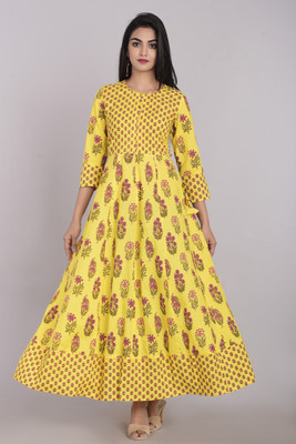 KBZ Women Printed Flared Kurta(Yellow)