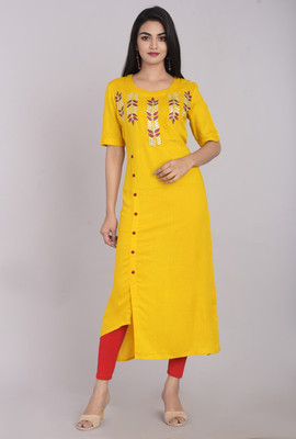 KBZ Women Embroidered A-line Kurta(Yellow)