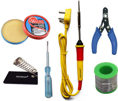 FADMAN Beginner Basic Soldering Iron Kit Pack-6 | Soldering Flux | Solder Wire | Stand | Wire Cutter | Tester | Yellow Soldering Iron 25 W Simple(Flat Tip)