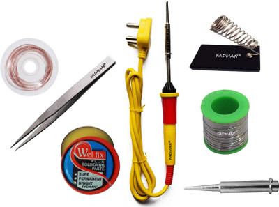 FADMAN Beginner Basic Soldering Iron Kit Pack-7 | Soldering Flux | Solder Wire | Stand | Tweezr | Desoldering Wick| Soldering Bit | Yellow Soldering Iron 25 W Simple(Flat Tip)