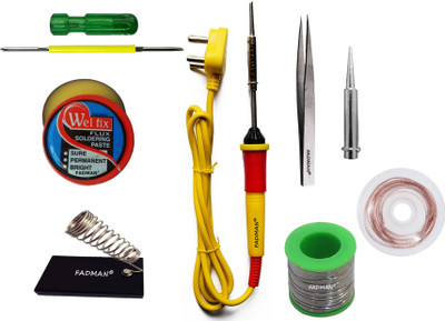 FADMAN Beginner Basic Soldering Iron Kit Pack-8 | Soldering Flux | Solder Wire | Stand | Tweezr | Desoldering Wick| Soldering Bit | 2IN1 Screw Driver | Yellow Soldering Iron 25 W Simple(Flat Tip)