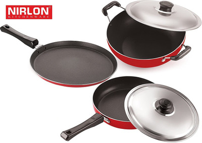 NIRLON Nirlon Non-Stick Aluminium Cookware Set, 3-Pieces, Red (2.6mm_FT13_FP13_DKD(M)) Non-Stick Coated Cookware Set(PTFE (Non-stick), Aluminium, 3 - Piece)