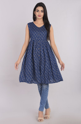 KBZ Women Printed Flared Kurta(Blue)