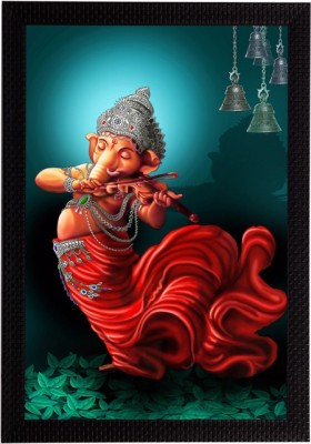 eCraftIndia Lord Ganesha Playing Violin Satin Matt Texture UV Art Ink 14 inch x 10 inch Painting(With Frame)