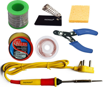 FADMAN 7 IN 1 Soldering Iron Kit (Set of 7) | Solder Wire | Soldering Paste Flux | Desoldering Wick | Wire Cutter | Stand | Sponge | Yellow+Full Red Soldering Iron 25 W Simple(Flat Tip)