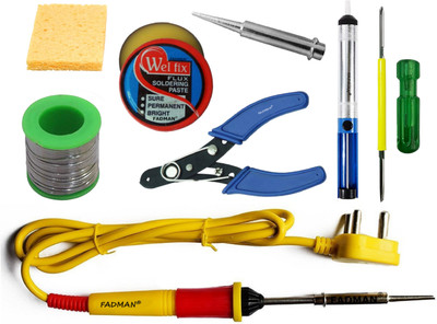 FADMAN 8 IN 1 Soldering Iron Kit (Set of 8) | Solder Wire | Soldering Paste Flux | Desoldering Pump | Wire Cutter | Soldering Bit | Sponge | 2IN1 Screw Driver | Yellow+Full Red Soldering Iron 25 W Simple(Flat Tip) FADMAN 8 IN 1 Soldering Iron Kit (Set of 8) | Solder Wire | Soldering Paste Flux | Desoldering Pump | Wire Cutter | Soldering Bit | Sponge | 2IN1 Screw Driver | Yellow+Full Red Soldering Iron 25 W Simple(Flat Tip)