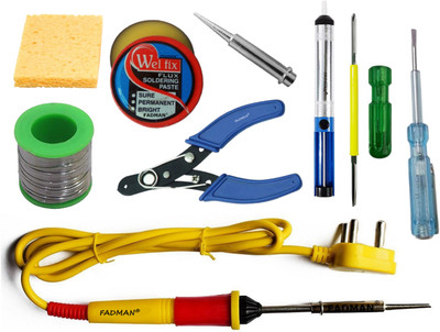 FADMAN 9 IN 1 Soldering Iron Kit (Set of 9) | Solder Wire | Soldering Paste Flux | Desoldering Pump | Wire Cutter | Soldering Bit | Sponge | 2IN1 Screw Driver | Tester | Yellow+Full Red Soldering Iron 25 W Simple(Flat Tip) FADMAN 9 IN 1 Soldering Iron Kit (Set of 9) | Solder Wire | Soldering Paste Flux | Desoldering Pump | Wire Cutter | Soldering Bit | Sponge | 2IN1 Screw Driver | Tester | Yellow+Full Red Soldering Iron 25 W Simple(Flat Tip)