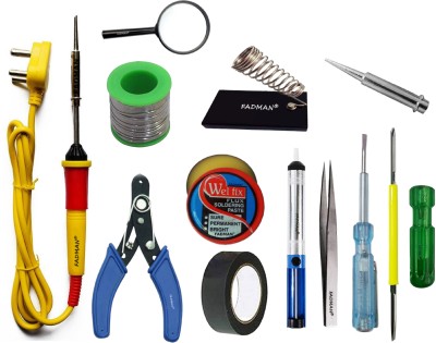 FADMAN Basic Complete Part Type-12 Soldering Iron Kit | Wire Cutter | Stand | Solder Wire | Tweezer | Soldering Flux | Soldering Bit | Tester| Desoldering Pump | Magnifying Glass | Electric Tape | 2IN1 Screw Driver | Soldering Iron 25 W Simple(Flat Tip)