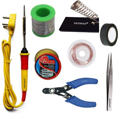 FADMAN Basic Complete Part Type-8 Soldering Iron Kit | Wire Cutter | Stand | Solder Wire | Tweezer | Soldering Flux | Desoldering Wick | Electric Tape | Soldering Iron 25 W Simple(Flat Tip)