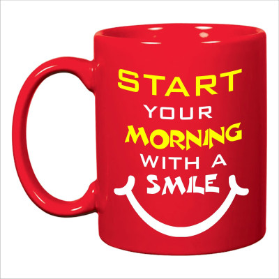 ADI Creations START Your Morning With a Smile on solid red Ceramic Coffee Mug(350 ml)