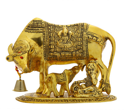 SUNSHEE BRASS DECORATIVE SHOWPIECE KAMDHENU COW AND CALF WITH LADDOO GOPAL Decorative Showpiece  -  10 cm(Brass, Gold)