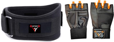 VICTORY Combo Supreme Gym Belt (M) Size (30-34) & Premium Gym Glove Orange Fitness Accessory Kit Kit