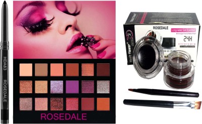 ROSEDALE Smudge Proof HDA83 Essential Makeup Drama Beauty Elite Kohl Kajal & The Desert Dusk New York Edition Creamy Velvet Blushed Icon Eyeshadow Palette & Music Flower Black & Brown Gel Eyeliner With Eyeliner Brush(6 Items in the set)