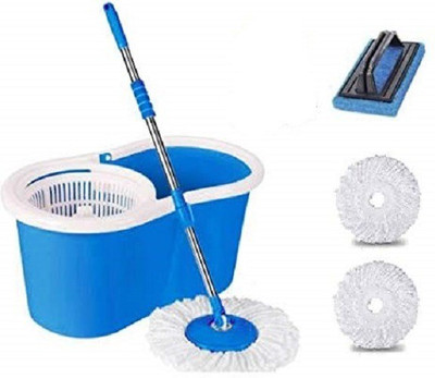 JSN Spin Floor Cleaning Easy Bucket Pvc Mop With 2 Microfiber Heads Get 1 Tile brush Mop Set(Blue)