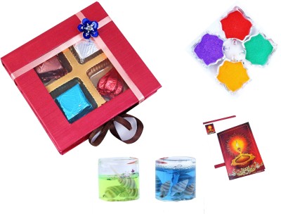 MANTOUSS Deepawali Chocolate Hamper + 2 Gel Filled Glass Candle, Diwali Greeting Card and Rangoli Colours Assorted Gift Box(Multicolor)