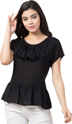 Delux Look Casual Short Sleeve Solid Women Black Top