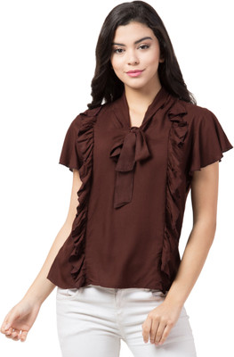 Delux Look Casual Cap Sleeve Solid Women Brown Top
