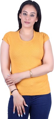 Ogarti Casual Short Sleeve Self Design Women Yellow Top