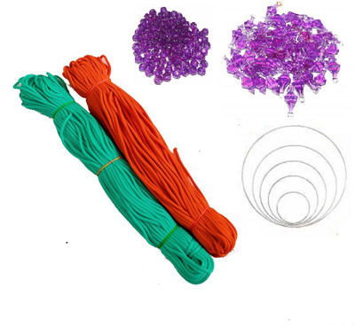 PUSHPA CREATION Macrame Craft set of 4 ( 2 colour Cord,100 beads,50 Bells,4 Rings)