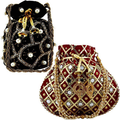 lookingfab Com Potli Vel(M)Silk-21(Black,Maroon) Potli