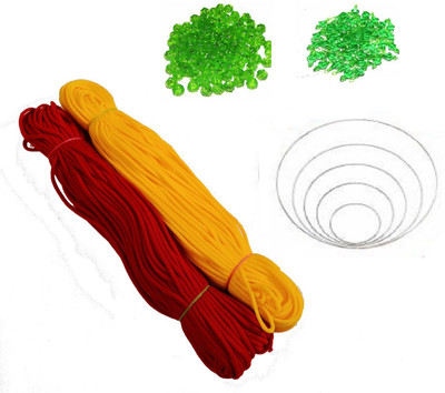PUSHPA CREATION Macrame Craft material 2 colour Thread,Beads,Bells,and nos Metal Rings Set