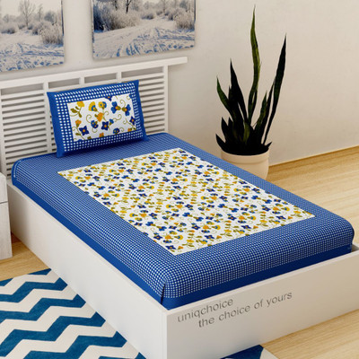 UNIQCHOICE 120 TC Cotton Single Printed Flat Bedsheet(Pack of 1, Blue)