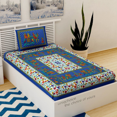 UNIQCHOICE 120 TC Cotton Single Printed Flat Bedsheet(Pack of 1, Blue)
