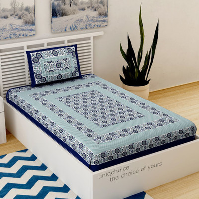 UNIQCHOICE 120 TC Cotton Single Printed Flat Bedsheet(Pack of 1, Blue)