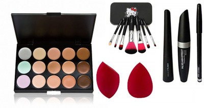 angelie Professional 15 Shades Highlighter Contour with M. 3in1 (Eyeliner, Mascara, Eye Brow Pencil) And 2 Pcs Puff and makeup brush(7 Items in the set)