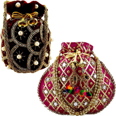 lookingfab Com Potli Vel(M)Silk-49(Maroon,Pink) Potli