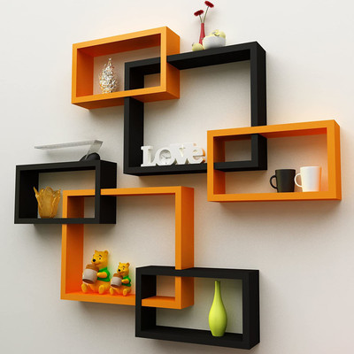 TFS Wall Mount Intersecting Wall Shelves Set of 6 Display Unit MDF (Medium Density Fiber) Wall Shelf(Number of Shelves - 6, Orange, Black)