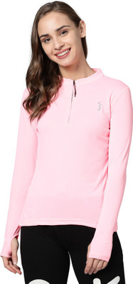 CAMPUS SUTRA Solid Women Mandarin Collar Pink T-Shirt