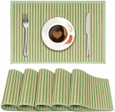 HOKiPO Rectangular Pack of 6 Table Placemat(Blue, Natural Bamboo)