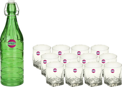 Somil 1000 ml Glass Bottle With Drinking Glass(Pack of 13, Green)