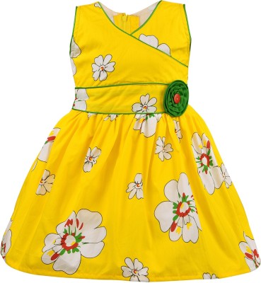 Wishkaro Girls Midi/Knee Length Casual Dress(Yellow, Sleeveless)